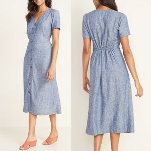 Old Navy v-neck button front linen-blend chambray fit and flare midi dress sz XS